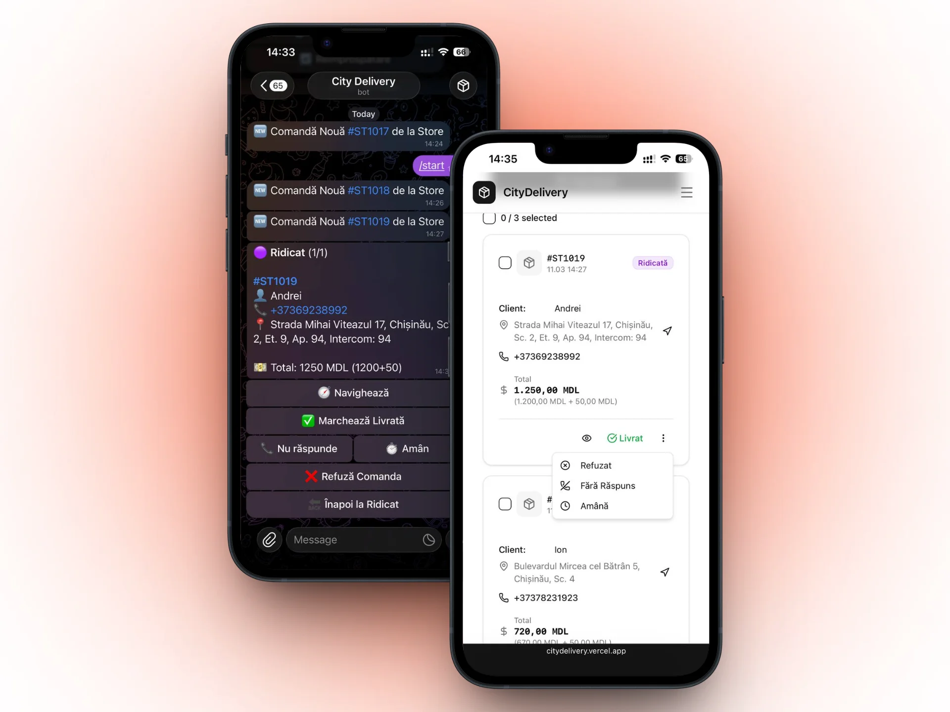 Stânga: Interfața web pe mobil. Dreapta: Bot-ul de Telegram în acțiune — totul din același chat.
