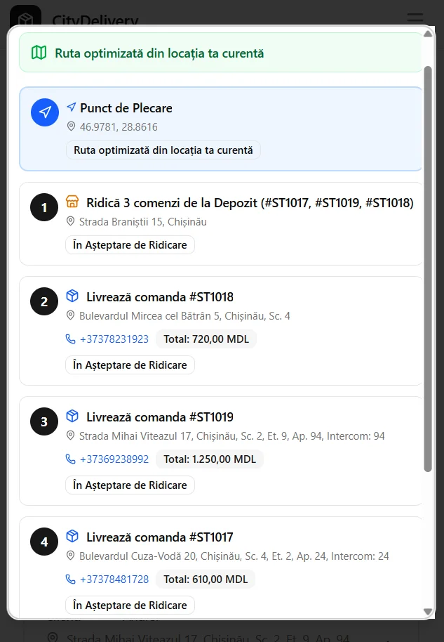 Rută optimizată cu secvența ridicare → livrare, numere de telefon și sume de încasat.