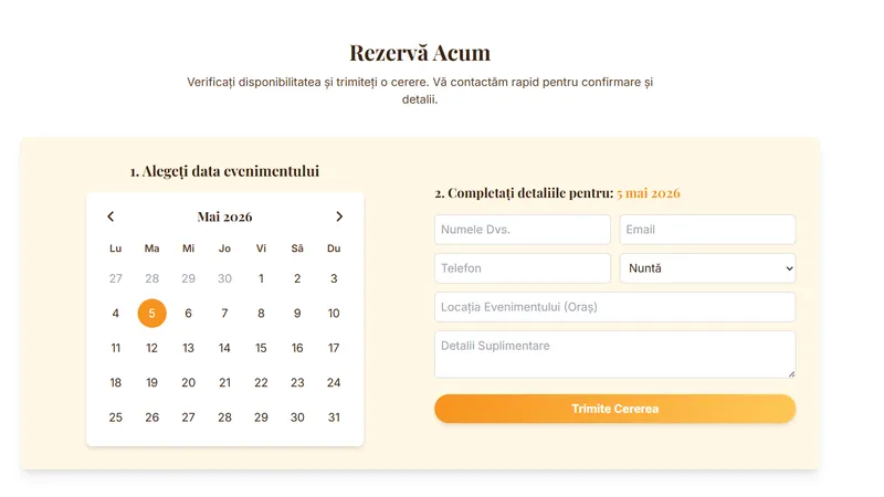 Formular de rezervare cu calendar interactiv.