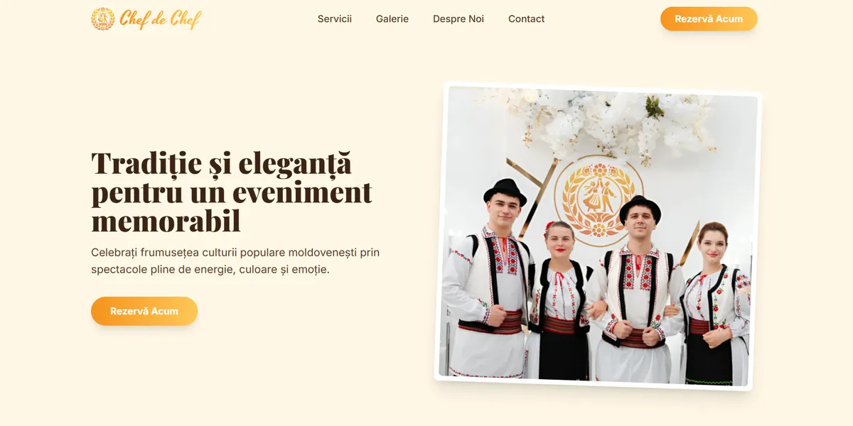 Landing page cu design modern și elemente culturale.